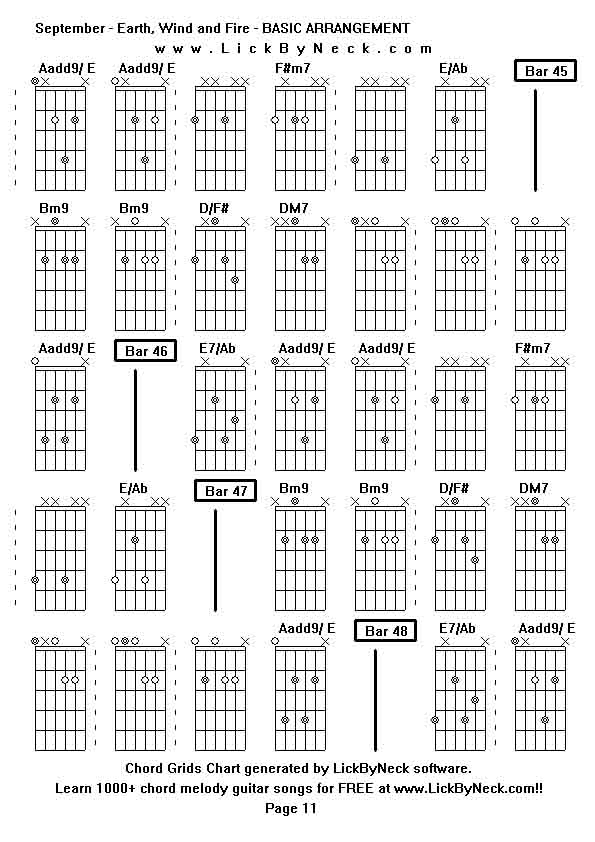 Chord Grids Chart of chord melody fingerstyle guitar song-September - Earth, Wind and Fire - BASIC ARRANGEMENT,generated by LickByNeck software.